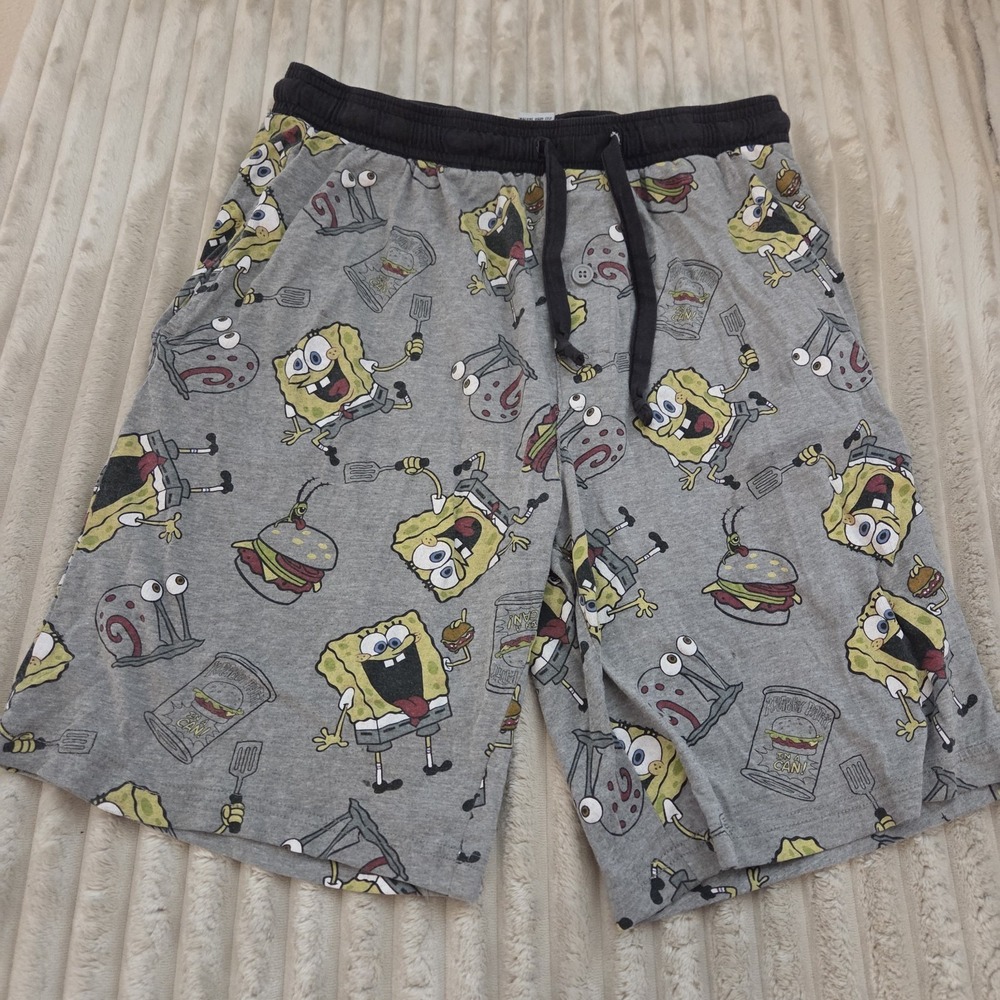 Spongebob Squarepants Men's Sleep Lounge Shorts Sz L Comfy Nickelodeon Gray